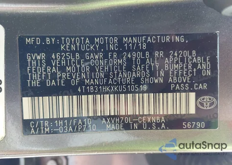 2019 Toyota Camry Hybrid Le from USA, damaged, VIN 4T1B31HKXKU510519